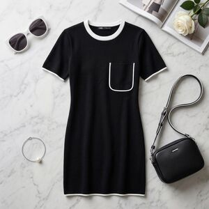 ZARA Trafaluc Black Sweater Dress White Contrast Pocket Short Sleeve Size Small